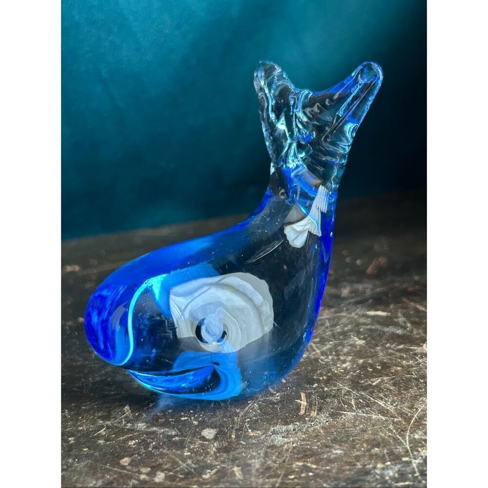 Art Glass Smiling Happy Whale Blue Paperweight